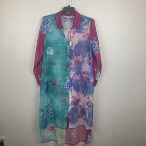 Soft Surroundings Shirt Tunic Womens XL Blue Pink Floral Button Closure Midi
